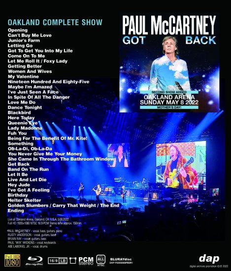 PAUL McCARTNEY / GOT BACK TOUR 2022 OAKLAND ARENA SUNDAY MAY 8 2022 (1BD-R)