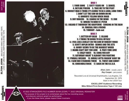 ELTON JOHN / BRUSHED MIKE MILLARD TAPE LIVE AT UNIVERSAL AMPHITHEATRE 1979 (2CDR)