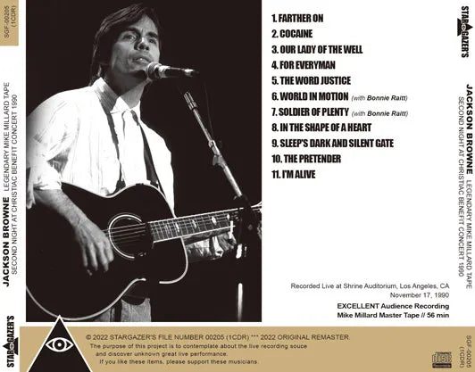 JACKSON BROWNE / LEGENDARY MIKE MILLARD TAPE SECOND NIGHT AT CHRISTIAC BENEFIT CONCERT 1990 (1CDR)
