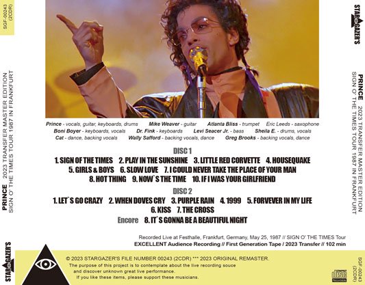 PRINCE / SIGN O' THE TIMES TOUR 1987 IN FRANKFURT 2023 TRANSFER MASTER EDITION (2CDR)