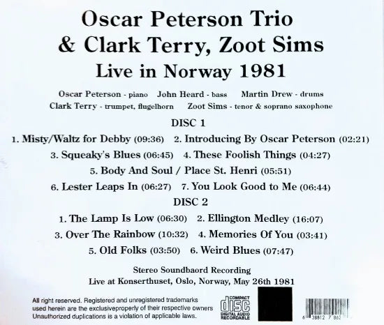 Oscar Peterson Trio & Clark Terry, Zoot Sims / Live in Norway 1981 STEREO SOUNDBOARD (2CDR)