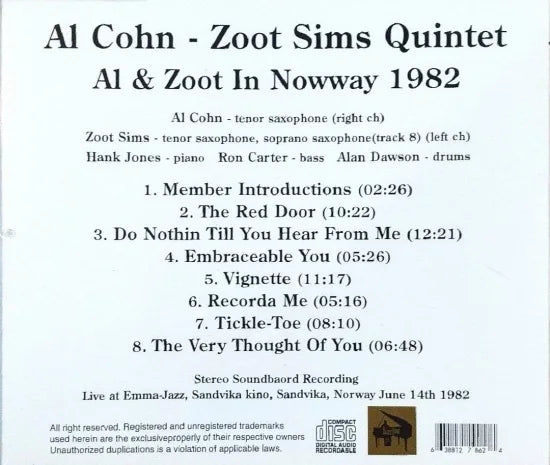 AL COHN & ZOOT SIMS QUINTET / AL & ZOOT IN NORWAY 1982 STEREO SOUNDBOARD (1CDR)