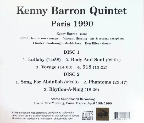 KENNY BARRON QUINTET / PARIS 1990 STEREO SOUNDBOARD (2CDR)