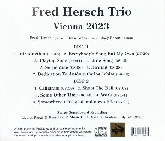 FRED HERSCH TRIO / VIENNA 2023 STEREO SOUNDBOARD (2CDR)