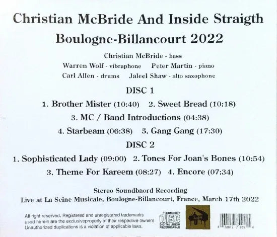 Christian McBride And Inside Straight / Boulogne-Billancourt 2022 STEREO SOUNDBOARD (2CDR)