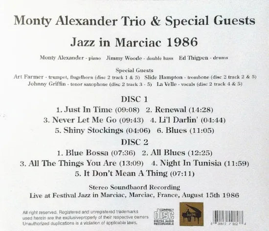 Monty Alexander Trio & Special Guests / Jazz in Marciac 1986 STEREO SOUNDBOARD (2CDR)