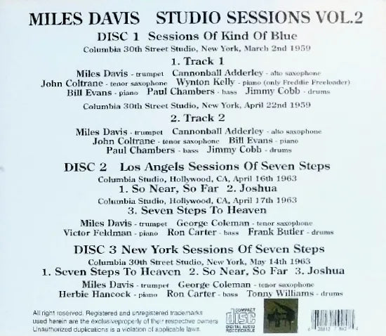 MILES DAVIS / STUDIO SESSIONS VOL.2 Kind Of Blue Seven Steps Stereo Soundboard (3CDR)