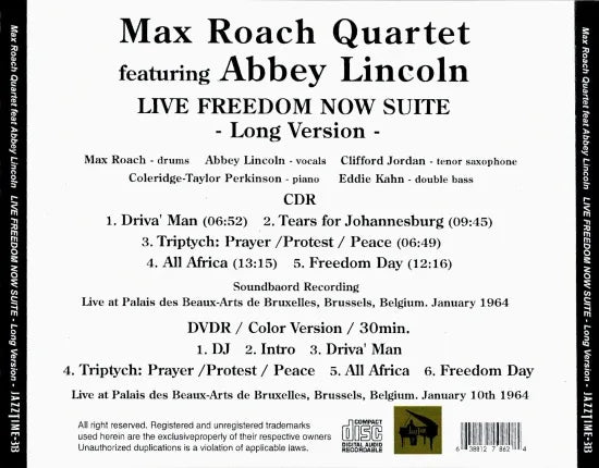 Max Roach Quartet con Abbey Lincoln / LIVE FREEDOM NOW SUITE Versión larga SBD y Pro-shot (1 CDR + 1 DVDR)