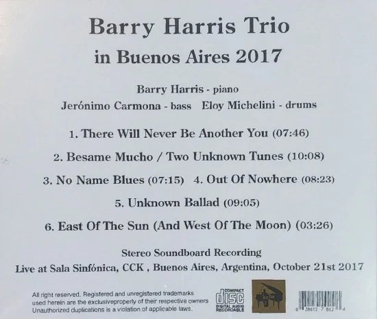 Barry Harris Trio / en Buenos Aires 2017 SONIDO ESTÉREO (1 CDR)