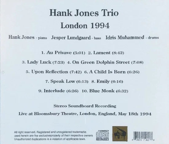 Hank Jones Trio / Londres 1994 CAJA DE SONIDO ESTÉREO (1 CD)