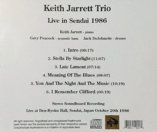 Keith Jarrett Trio / Live in Sendai 1986 STEREO SOUNDBOARD (1CDR)