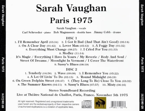 Sarah Vaughan / Paris 1975 STEREO SOUNDBOARD (2CDR)