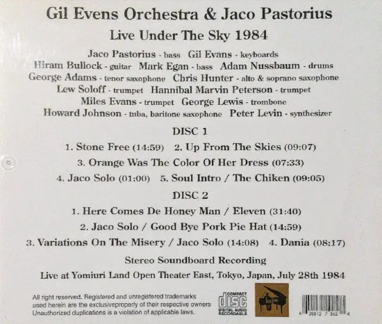 ORQUESTA DE GIL EVANS CON JACO PASTORIUS / Live Under The Sky 1984 CAJA DE SONIDO ESTÉREO (2 CDR + 1 DVDR)