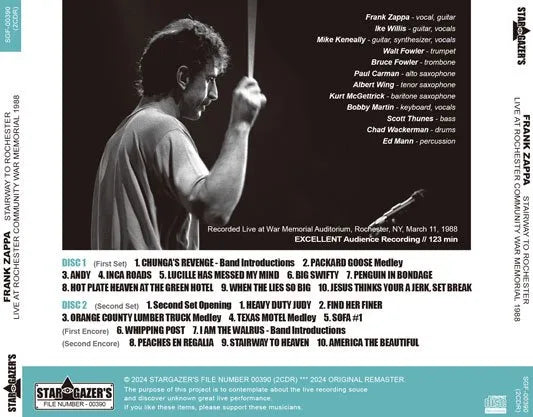 FRANK ZAPPA / STAIRWAY TO ROCHESTER LIVE AT ROCHESTER COMMUNITY WAR MEMORIAL 1988 (2CDR)