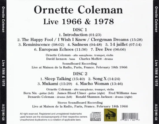 Ornette Coleman / En vivo 1966/1978 TABLERO DE SONIDO ESTÉREO (2 CD)