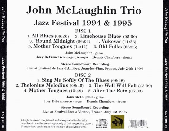 John McLaughlin Trio / Festival de Jazz 1994 y 1995 MESA DE SONIDO ESTÉREO (2 CD)