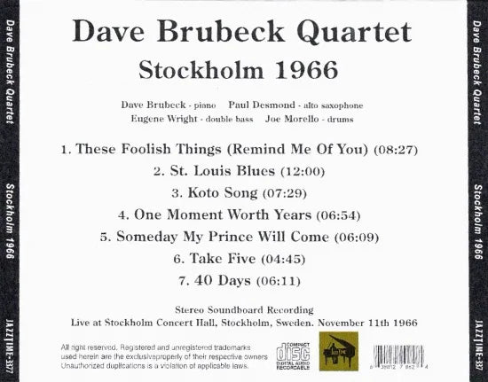 Cuarteto Dave Brubeck / Estocolmo 1966 CAJA DE SONIDO ESTÉREO (1 CD)
