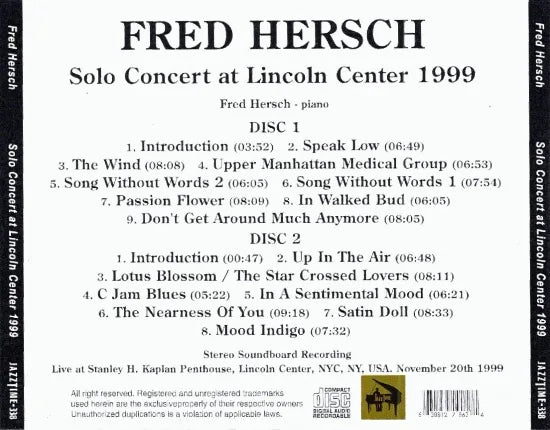 Fred Hersch / Solo Concert at Lincoln Center 1999 (2CDR)