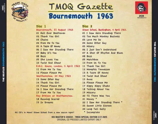 THE BEATLES / BOURNEMOUTH 1963 TMOQ GAZETTE VOLUME 52 (2CD JEWEL CASE)