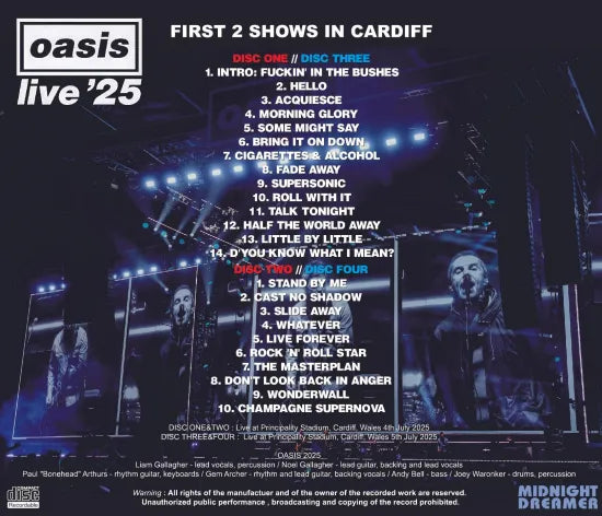 OASIS / LIVE '25 TOUR FIRST 2 SHOWS IN CARDIFF 2025 (4CDR)