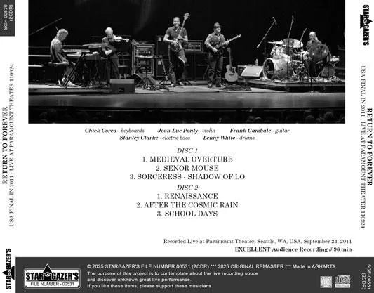 RETURN TO FOREVER / USA FINAL IN 2011 LIVE AT PARAMOUNT THEATER 110924 (2CDR)