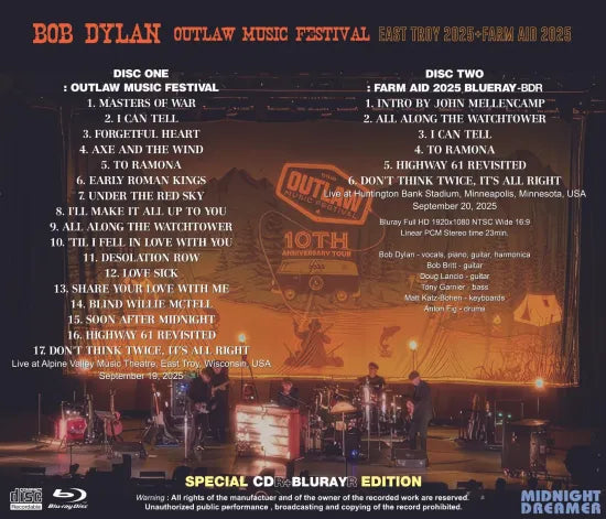 BOB DYLAN / OUTLAW MUSIC FESTIVAL EAST TROY 2025 + FARM AID 2025 HD Pro-shot (1CDR+1BDR)