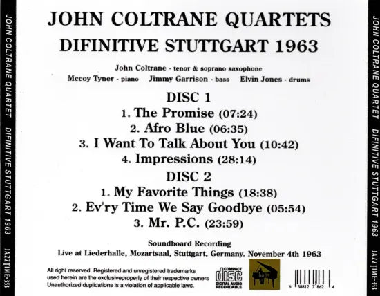 JOHN COLTRANE QUARTET / DIFINITIVE STUTTGART 1963 SOUNDBOARD (2CDR)