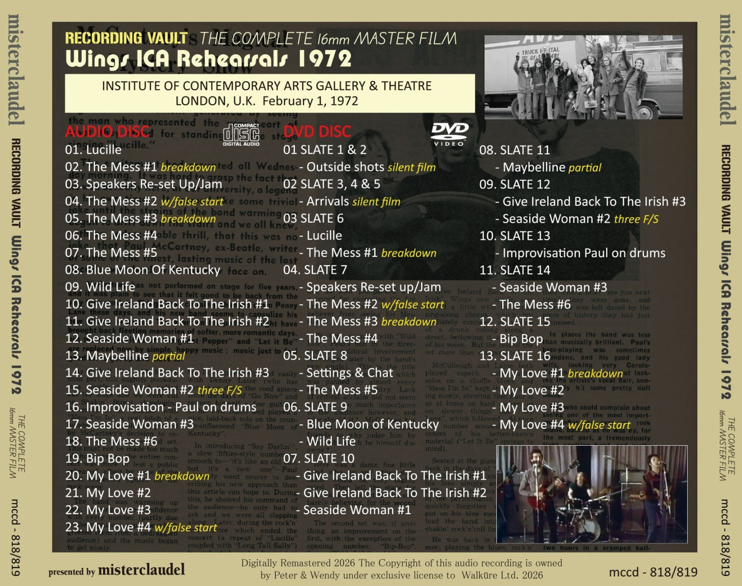 PAUL McARTNEY / 1972 RECORDING VAULT WINGS ICA REHEARSALS (1CD+1DVD)