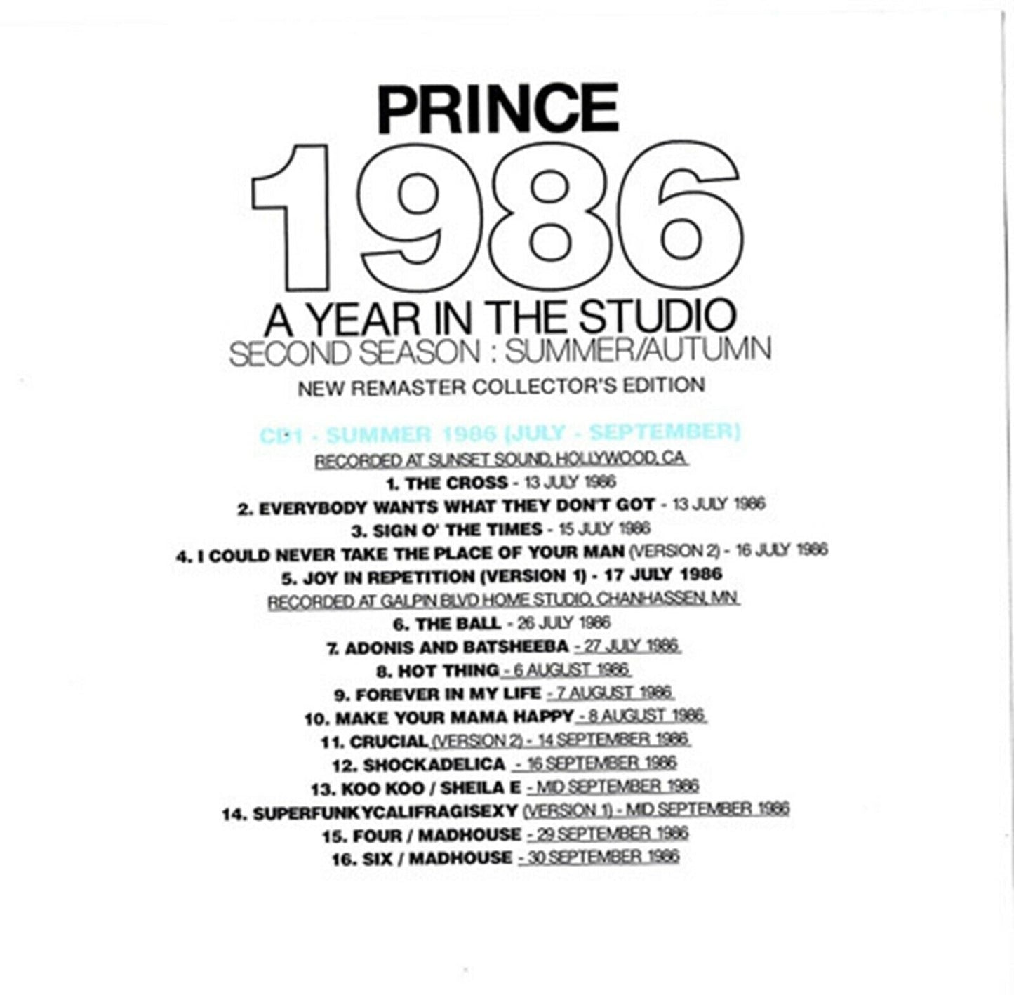 Prince 1986 A Year In The Studio Second Season Summer Autumn 2CD