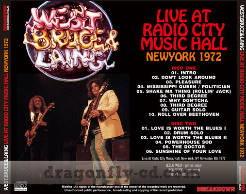 WEST, BRUCE & LAING / DAL VIVO AL RADIO CITY MUSIC HALL, NEW YORK 1972 (2CDR)