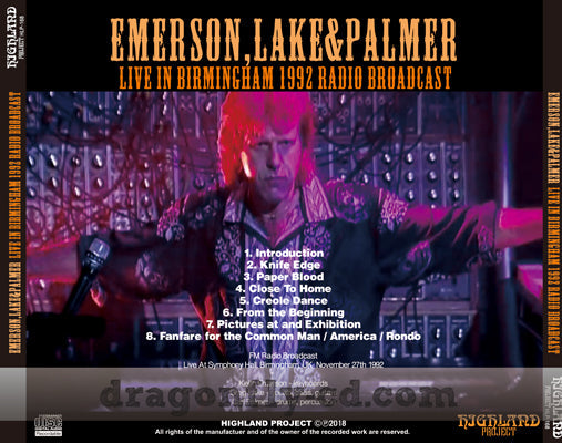EMERSON, LAKE & PALMER / LIVE IN BIRMINGHAM 1992 RADIO BROADCAST SOUNDBOARD (1CDR)