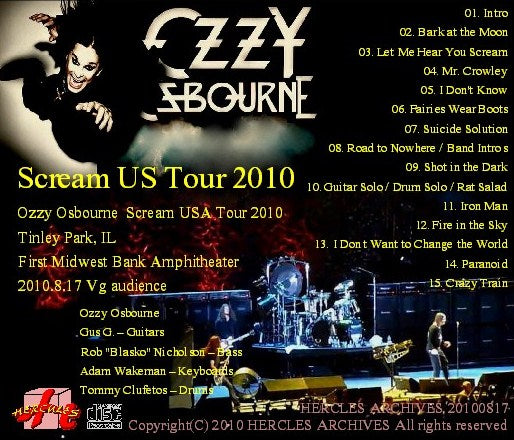 Ozzy Osbourne con Gus G / Scream US Tour 2010 Tinley Park IL USA (1CDR)