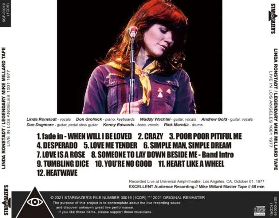 LINDA RONSTADT / LEGENDARY MIKE MILLARD TAPE LIVE IN LOS ANGELES 1001 1977 (1CDR)
