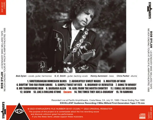 BOB DYLAN / LEGENDARY MIKE MILLARD TAPE NEVER ENDING TOUR AT PACIFIC AMPHITHEATRE 1988 (1CDR)