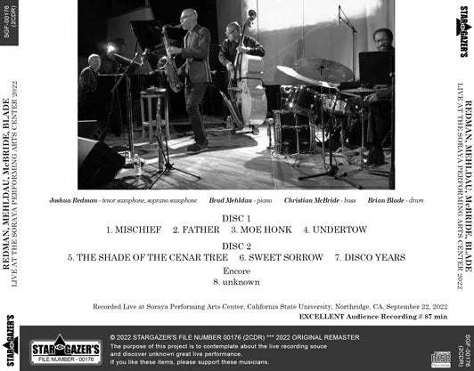 REDMAN, MEHLDAU, McBRIDE, BLADE / DAL VIVO AL SORAYA PERFORMING ARTS CENTER 2022 (2CDR)