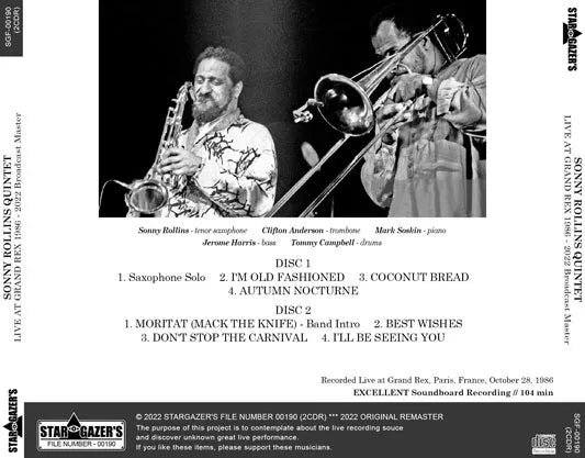 SONNY ROLLINS QUINTET / DAL VIVO AL GRAND REX 1986 2022 Master di trasmissione (2CDR)