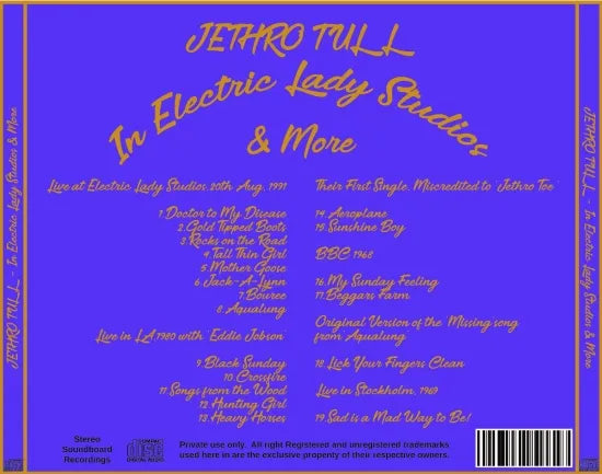 JETHRO TULL / IN ELECTRIC LADY STUDIOS & MORE (1CDR)