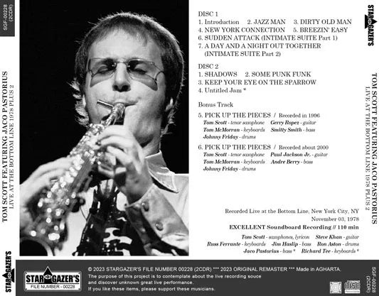 TOM SCOTT FEATURING JACO PASTORIUS / LIVE AT THE BOTTOM LINE 1978 PLUS 2 (2CDR)