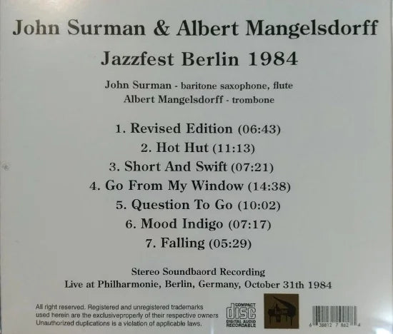 John Surman & Albert Mangelsdorff / Jazzfest Berlin 1984 STEREO SOUNDBOARD (1CDR)