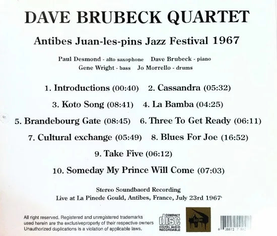 DAVE BRUBECK QUARTET / Antibes Juan-les-pins Jazz Festival 1967 STEREO SOUNDBOARD (1CDR)