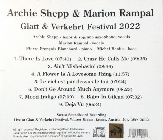 ARCHIE SHEPP & MARION RAMPAL / GLATT & VERKEHRT FESTIVAL 2022 STEREO SOUNDBOARD (1CDR)