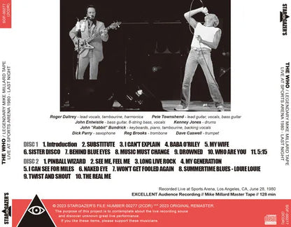THE WHO / LEGENDARY MIKE MILLARD TAPE LIVE AT SPORTS ARENA 1980 LAST NIGHT (2CDR)