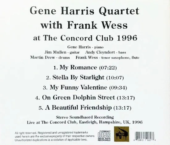 Gene Harris Quartet with Frank Wess / Fat The Concord Club 1996 STEREO SOUNDBOARD (1CDR)