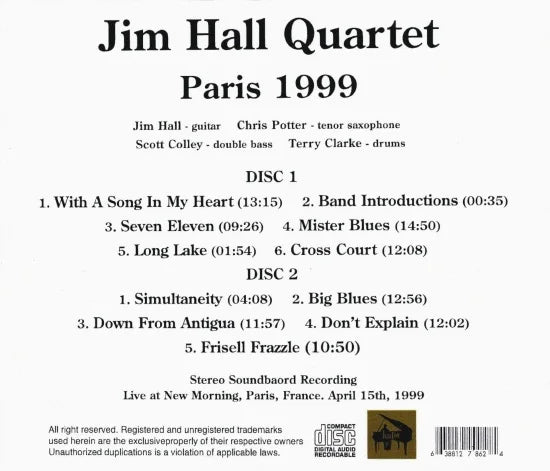Jim Hall Quartet / Paris 1999 STEREO SOUNDBOARD (2CDR)