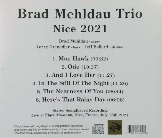 Brad Mehldau Trio / Nice 2021 STEREO SOUNDBOARD (1CDR)