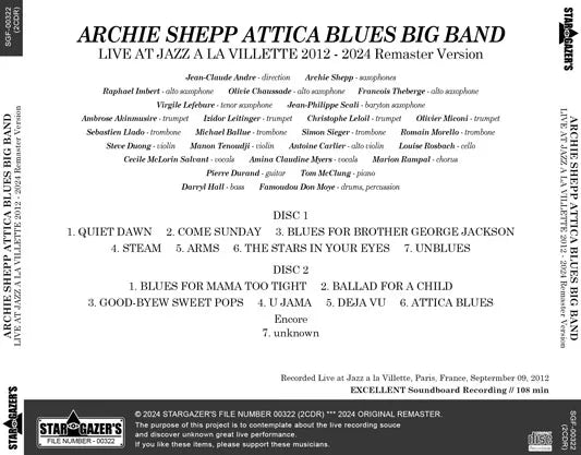 ARCHIE SHEPP ATTICA BLUES BIG BAND / LIVE AT JAZZ A LA VILLETTE 2012 2024 REMASTER VERSION (2CDR)
