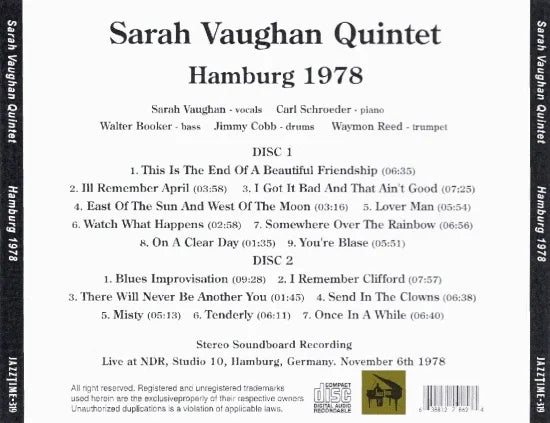 SARAH VAUGHAN / HAMBURG 1978 STEREO SOUNDBOARD (2CDR)