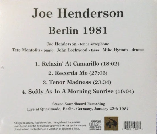 Joe Henderson / Berlin 1981 STEREO SOUNDBOARD (1CDR)