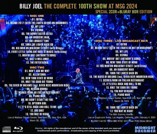 BILLY JOEL / EL ESPECTÁCULO COMPLETO DEL 100.º EN EL MSG 2024 (2CDR+1BDR)