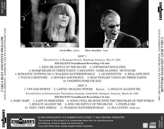 CARLA BLEY AND STEVE SWALLOW / LIVE IN GERMANY HAMBURG 1991 PLUS STUTTGART 1989 (2CDR)